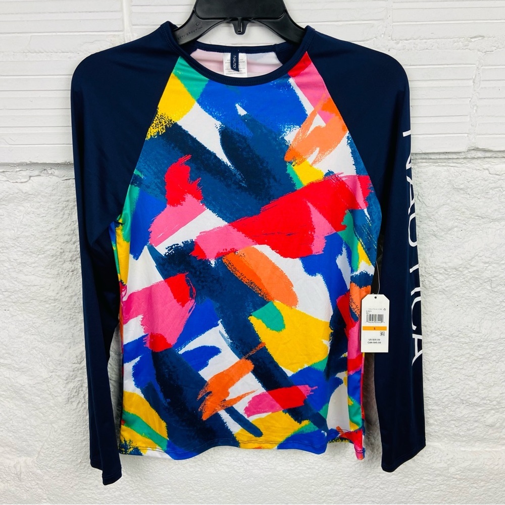 NWT NAUTICA UPS 30+ multi colored paint brush long sleeve rash guard size small - Picture 2 of 14